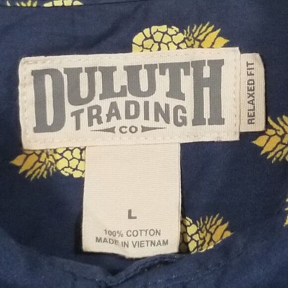 Duluth Trading Shirt Mens Large Blue Button Up Tiki Luau Hula Pineapple Preppy - Picture 5 of 8